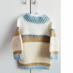 A cozy handmade crochet sweater for kids, crafted from soft breathable cotton yarn. Perfect for mild winters and everyday wear. Keep your little one warm and stylish with this handmade crochet kids sweater, thoughtfully crafted using soft, breathable cotton yarn. Designed for comfort and durability, this pullover features a classic striped pattern in neutral tones, making it suitable for both boys and girls. The sweater is lightweight yet warm, ideal for mild winter weather, air-conditioned environments, or evening outings. Ribbed cuffs, neckline, and hem provide a snug fit while allowing easy movement for active kids. Each piece is carefully handmade, ensuring quality craftsmanship and a unique finish. A perfect choice for daily wear, gifting, or special occasions.
